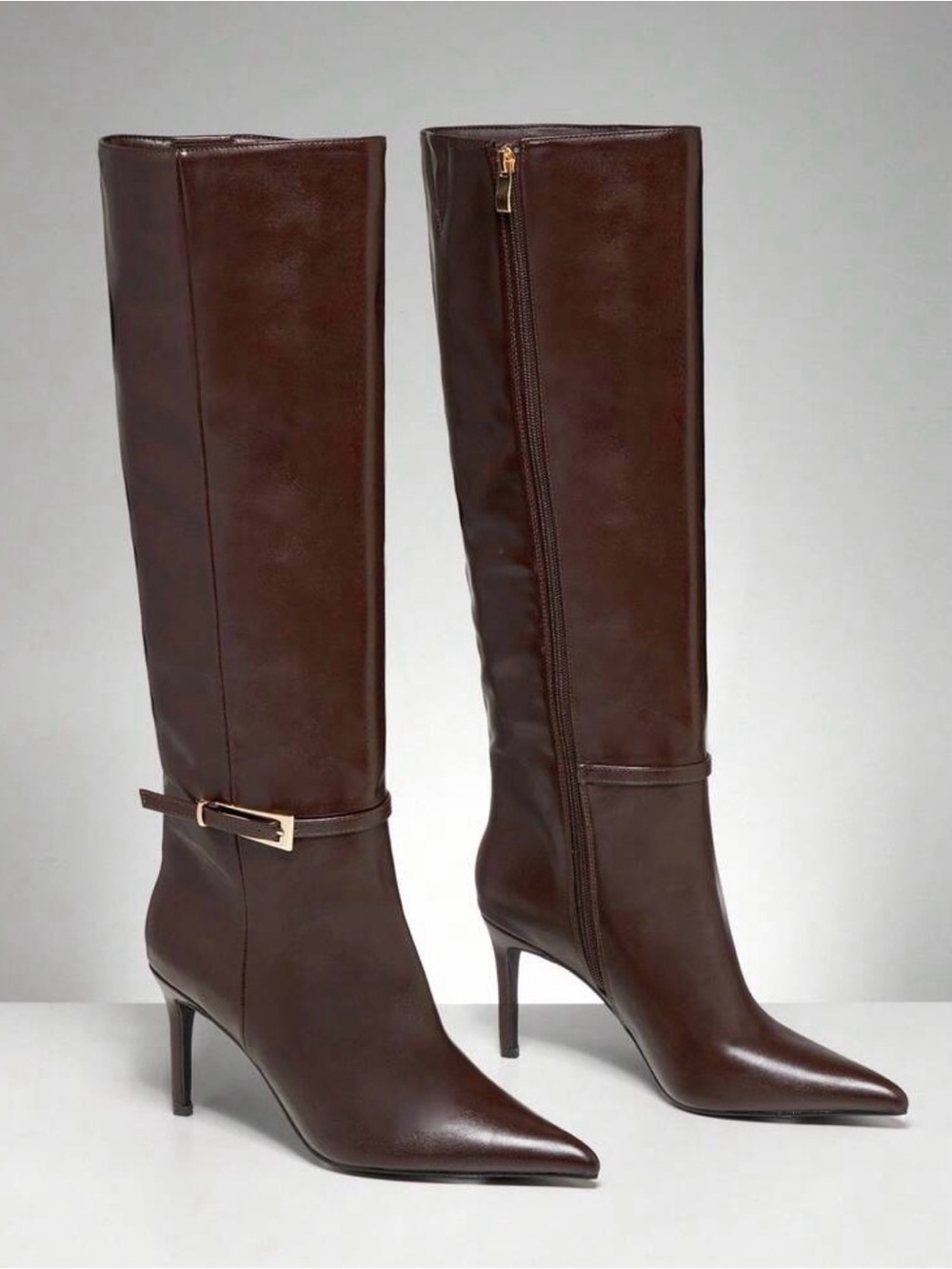 Women's Brown Pointed-Toe Knee Boots with Side Zip